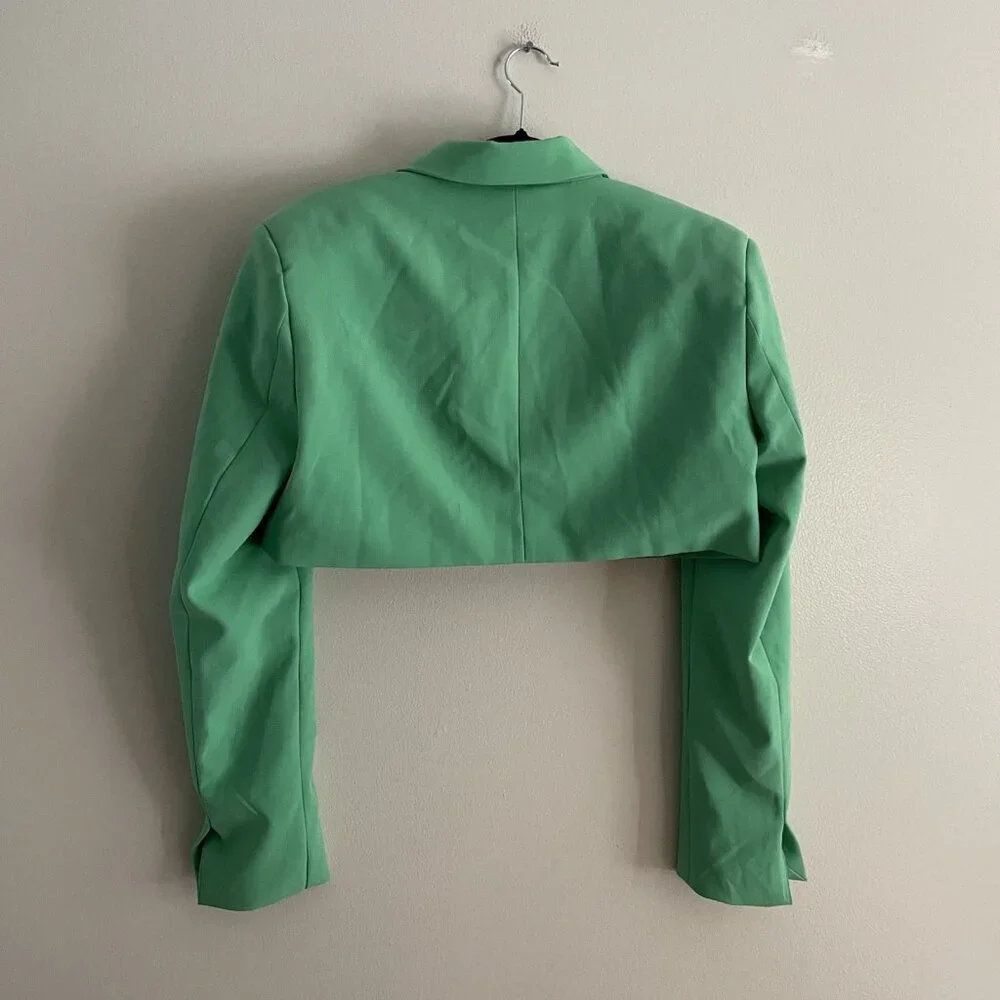 WeWoreWhat Danielle Bernstein S Green Stretch Herringbone Twill Cropped Blazer - Picture 13 of 13